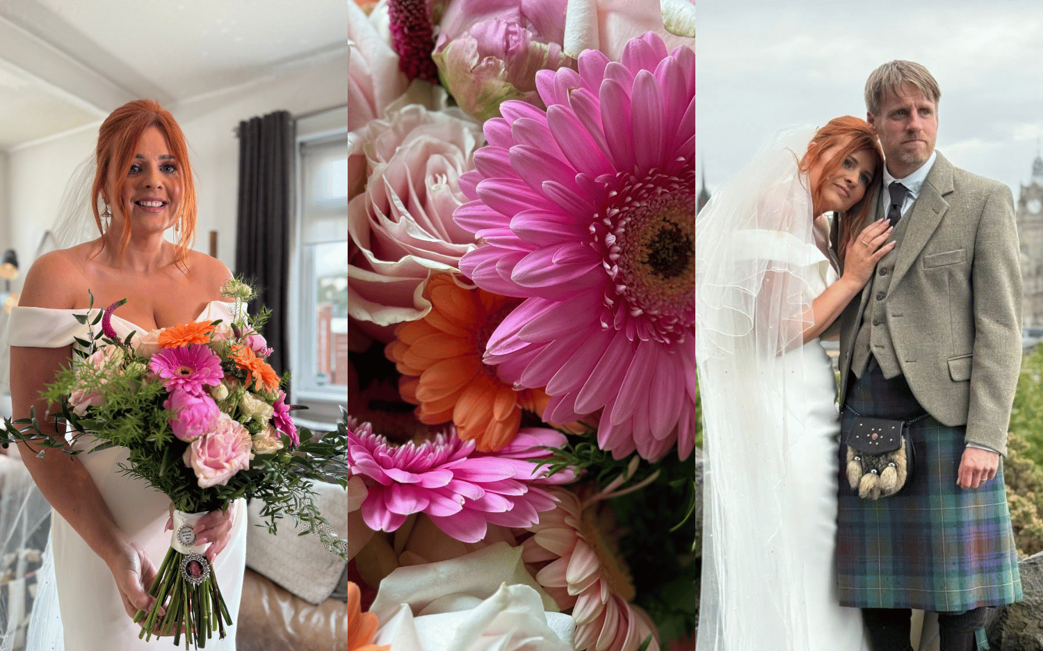 Three images from Edinburgh wedding. Image one bride poses for camera. Image two close up on pink and orange flowers. Image three bride and groom pose at Calton Hill