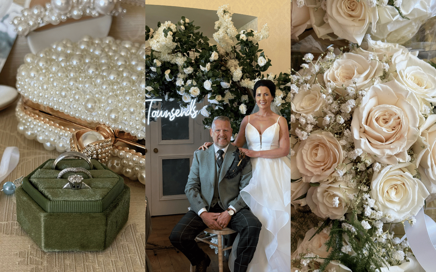 Three images from Oswald House Kirkcaldy Wedding. Image one flat lay close up on ring. Image two couple smile at camera. Image three close up on flowers.