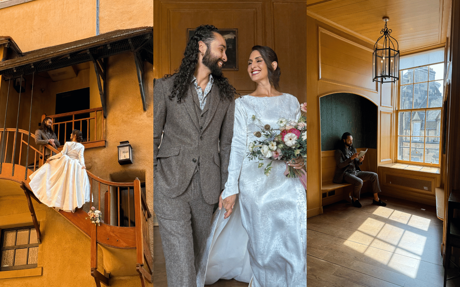 Three images of Riddle's Court Edinburgh wedding styled shoot. Image one groom and bride posing with dress over staircase. Image two couple smiling at each other. Image three groom sitting by window.